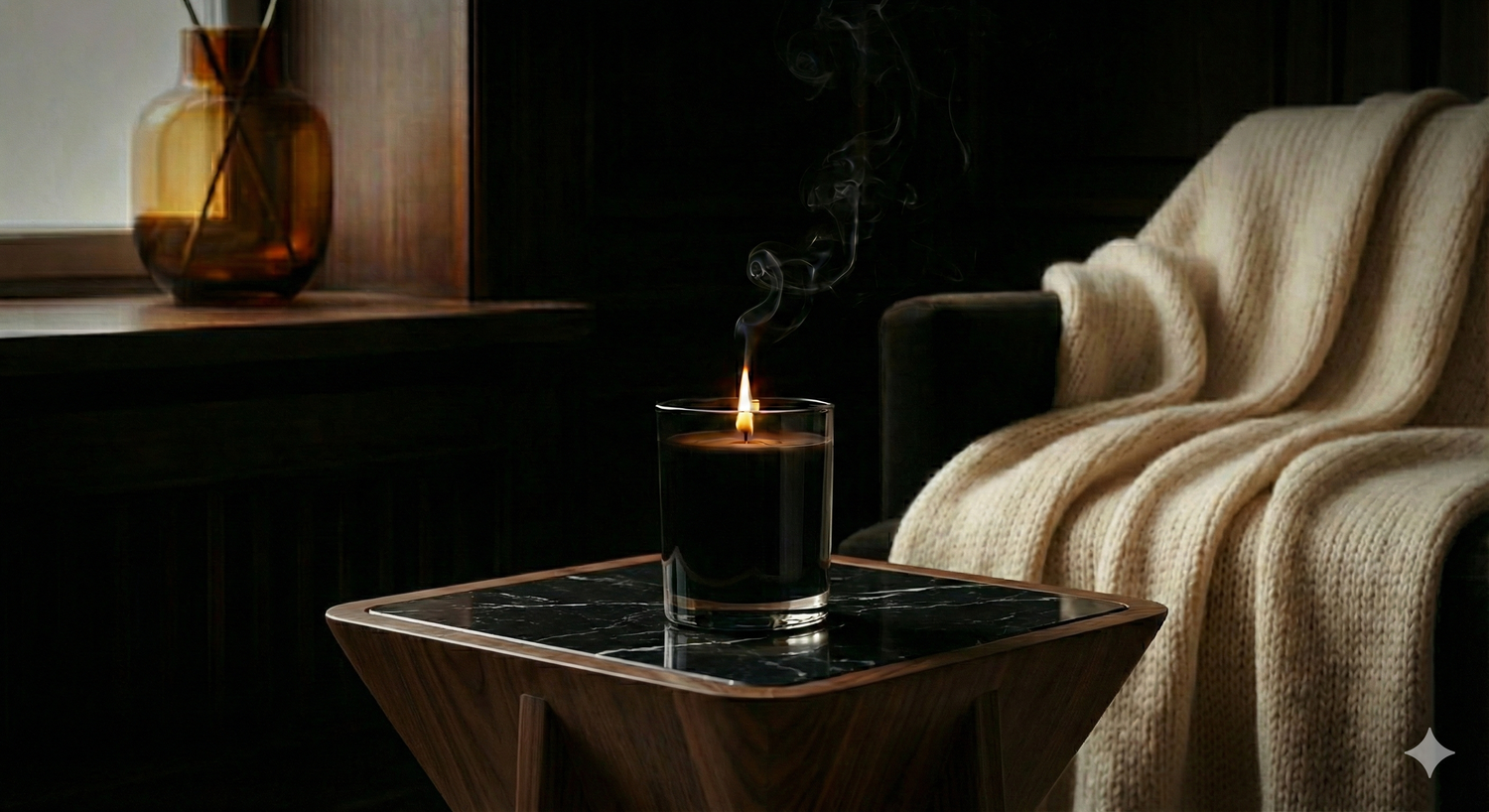 Sogor atelier luxury scented candle on a dark wood table minimalist decor
